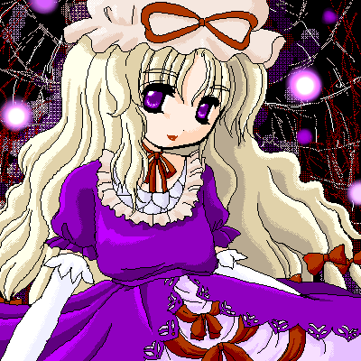 artist_request blonde_hair dress elbow_gloves gloves hat lips lowres mob_cap purple_dress ribbon smile solo touhou upper_body white_gloves yakumo_yukari