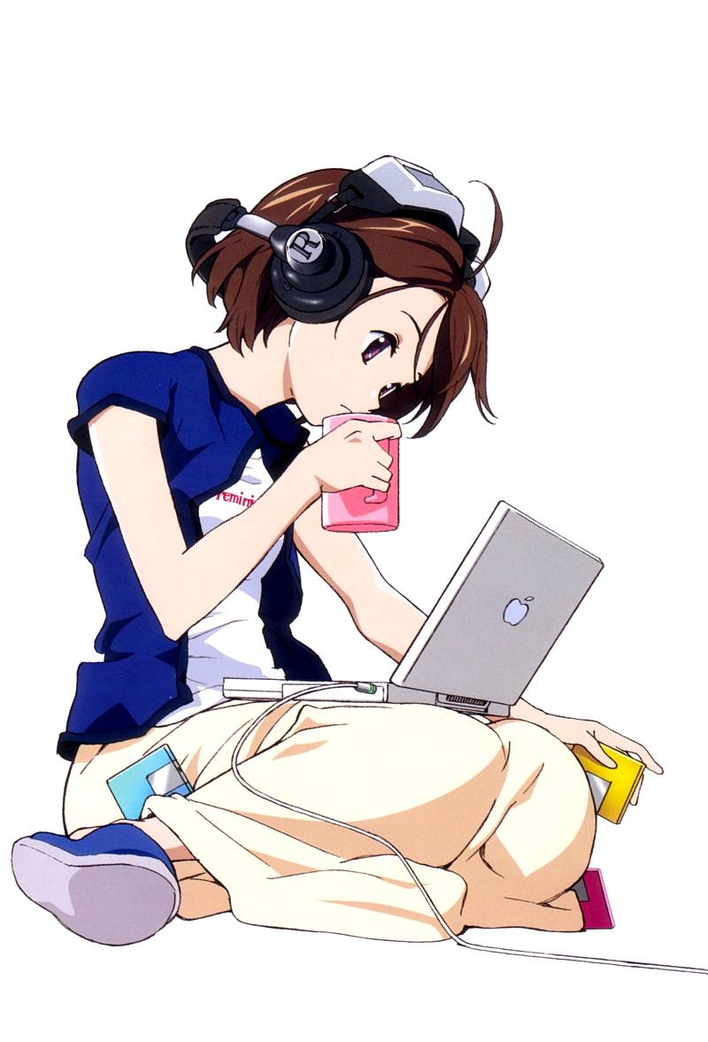 ahoge apple_inc. bangs beige_skirt black_hair blue_cardigan blue_footwear breasts cable cardigan closed_mouth clothes_writing computer cup drink emblem expressionless floppy_disk from_side full_body goggles goggles_on_head hand_up headphones holding holding_cup invisible_chair laptop long_skirt looking_away looking_down macintosh mug on_lap open_cardigan open_clothes purple_eyes rinrin_(sister_princess) scan shirt short_hair short_sleeves simple_background sister_princess sitting skirt slippers small_breasts solo swept_bangs tenhiro_naoto wariza white_background white_shirt
