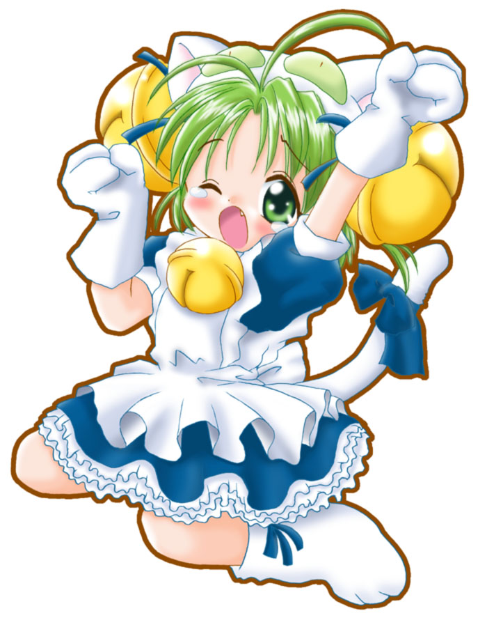animal_ears animal_hat apron artist_request bell blush cat_ears cat_hat cat_paws cat_tail dejiko di_gi_charat dress fang gloves green_eyes green_hair hat jingle_bell maid_apron open_mouth paw_gloves paw_shoes paws ribbon shoes sitting solo tail tail_ribbon tears wariza yawning