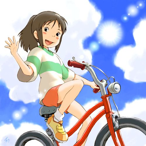 :d artist_request bicycle black_eyes blue_sky blush brown_hair cloud day flat_chest from_below ground_vehicle looking_at_viewer looking_down lowres ogino_chihiro open_mouth outdoors ponytail sen_to_chihiro_no_kamikakushi shirt short_hair shorts signature sky smile socks solo sun sunlight waving white_legwear