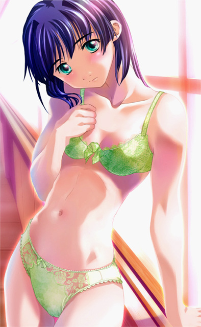 aqua_eyes arm_support artist_request blue_hair blush bow bow_bra bow_panties bra breasts copyright_request green_bra green_panties groin lace lace-trimmed_bra lace-trimmed_panties leaning lingerie medium_breasts navel panties short_hair solo standing thigh_gap underwear underwear_only