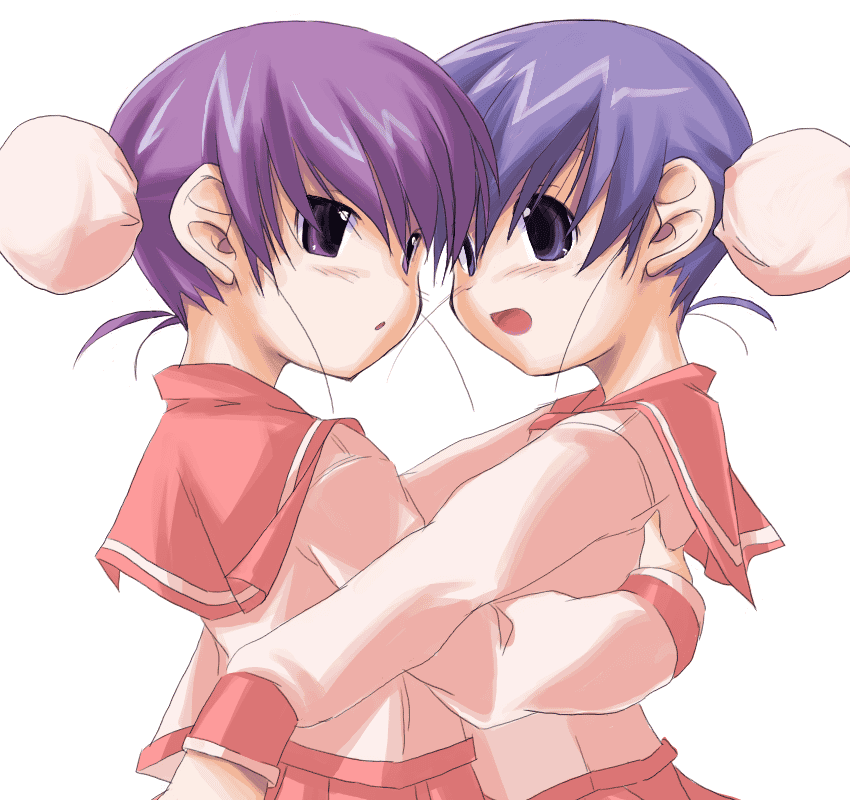 artist_request bun_cover double_bun himeyuri_ruri himeyuri_sango hug long_sleeves multiple_girls school_uniform serafuku siblings to_heart_2 twins