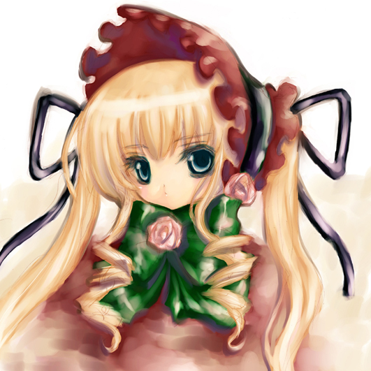 aqua_eyes blonde_hair bow bowtie colored_eyelashes flower frilled_hat frills hat long_hair looking_at_viewer no_mouth pink_flower pink_rose red_hat rose rozen_maiden shinku simple_background solo togawa_hanamaru upper_body yellow_background