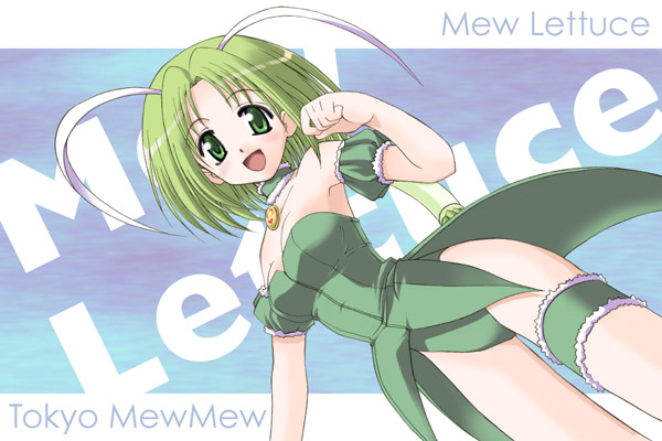 artist_request character_name choker copyright_name detached_sleeves garters green_choker green_eyes green_hair green_leotard green_shirt leotard magical_girl mew_lettuce midorikawa_lettuce open_mouth puffy_detached_sleeves puffy_sleeves shirt short_hair solo source_request tokyo_mew_mew