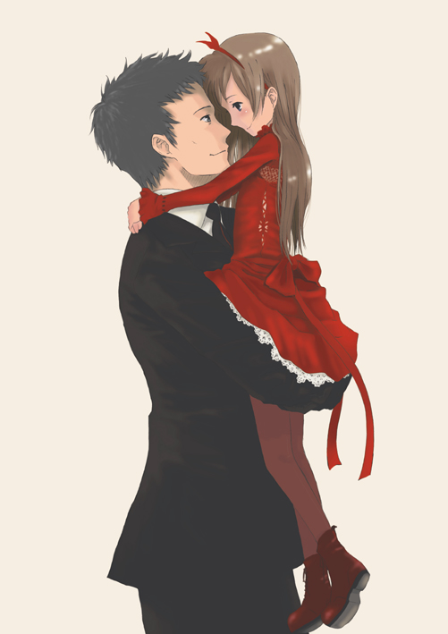 1girl arms_around_neck artist_request carrying child copyright_request dress eye_contact formal height_difference hug lifting_person long_sleeves looking_at_another non-web_source pantyhose red_dress simple_background size_difference suit white_background