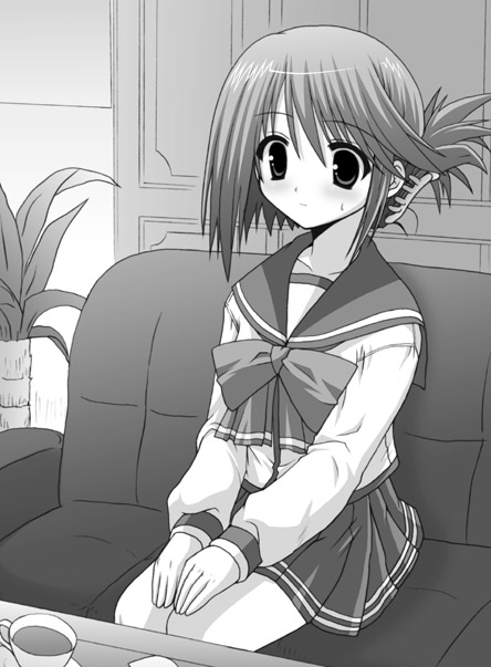 artist_request bow bowtie couch cup folded_ponytail greyscale hands_together indoors komaki_manaka long_sleeves monochrome plant school_uniform short_hair sitting solo sweatdrop table tea teacup to_heart_2 v_arms