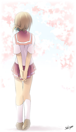 arms_behind_back back day folded_ponytail from_behind full_body hands_together kantoku komaki_manaka outdoors school_uniform serafuku short_sleeves solo standing to_heart_2 v_arms white_legwear