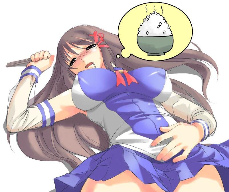 artist_request blue_skirt blush bowl breasts brown_hair chopsticks closed_eyes covered_nipples detached_sleeves dreaming hair_ribbon impossible_clothes impossible_shirt large_breasts long_hair os-tan ribbon rice rice_bowl saliva shirt skirt sleeping solo xp-tan