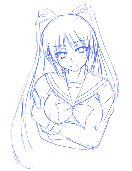 artist_request breasts kousaka_tamaki large_breasts long_sleeves looking_at_viewer monochrome outline school_uniform solo to_heart_2 twintails upper_body
