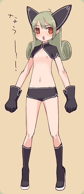 :o animal_ears black_gloves boots brown_hair cat_ears character_request copyright_request curly_hair flat_chest gloves headgear long_hair midriff mota navel nipples no_bra open_mouth red_eyes short_shorts shorts solo