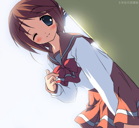 ;) against_wall blue_eyes brown_hair dutch_angle folded_ponytail kantoku komaki_manaka long_sleeves looking_at_viewer lowres one_eye_closed red_skirt sailor_collar school_uniform shirt skirt smile solo to_heart_2 white_shirt wind