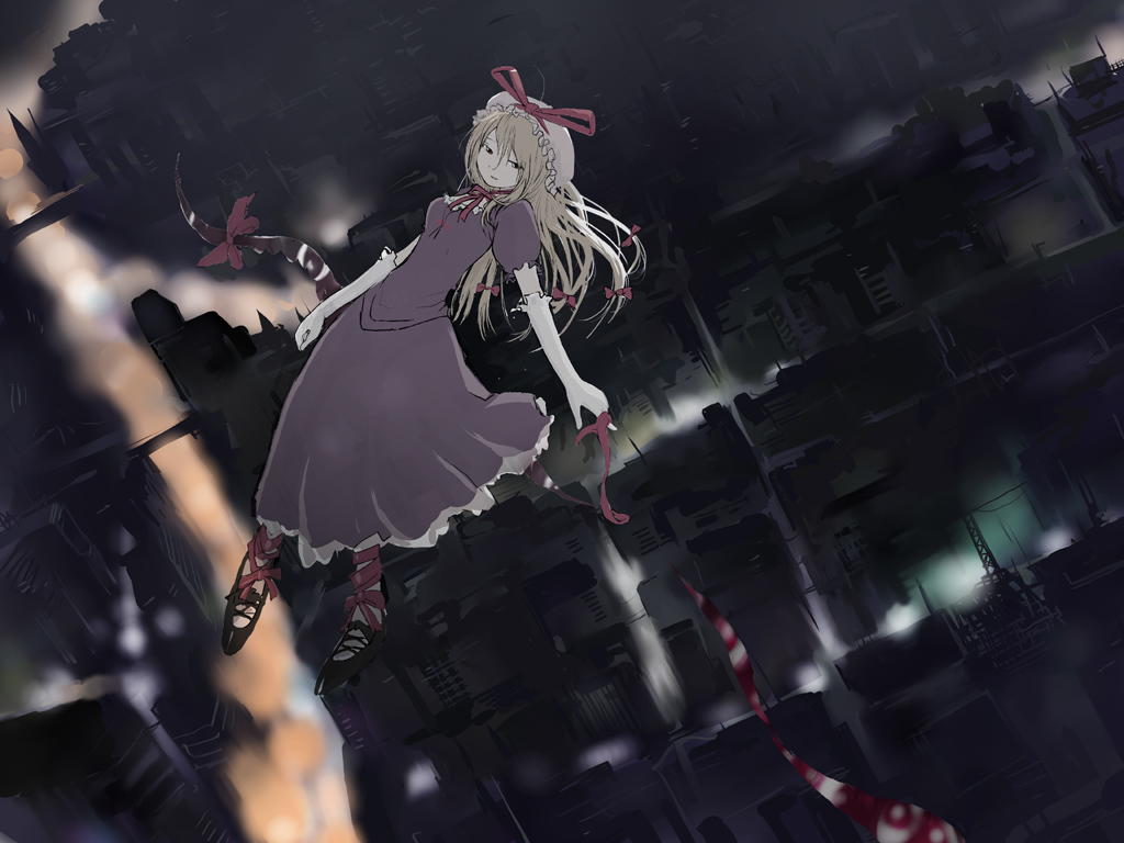 backlighting blonde_hair blurry bow choker city city_lights cityscape depth_of_field elbow_gloves eyes floating from_above gap gloves hair_bow hat hat_ribbon kashmir light_smile looking_to_the_side mob_cap night perspective ribbon shoes solo touhou white_gloves yakumo_yukari