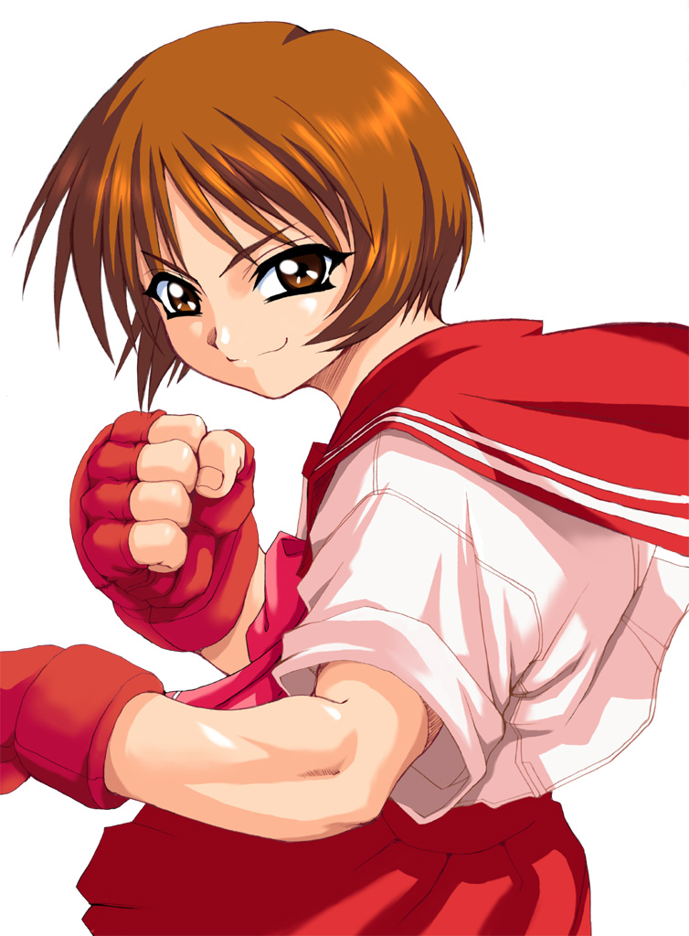 &gt;:) artist_request brown_eyes brown_hair clenched_hand fingerless_gloves gloves looking_at_viewer nagaoka_shiho parody pleated_skirt red_skirt simple_background skirt smile solo standing street_fighter to_heart upper_body v-shaped_eyebrows white_background