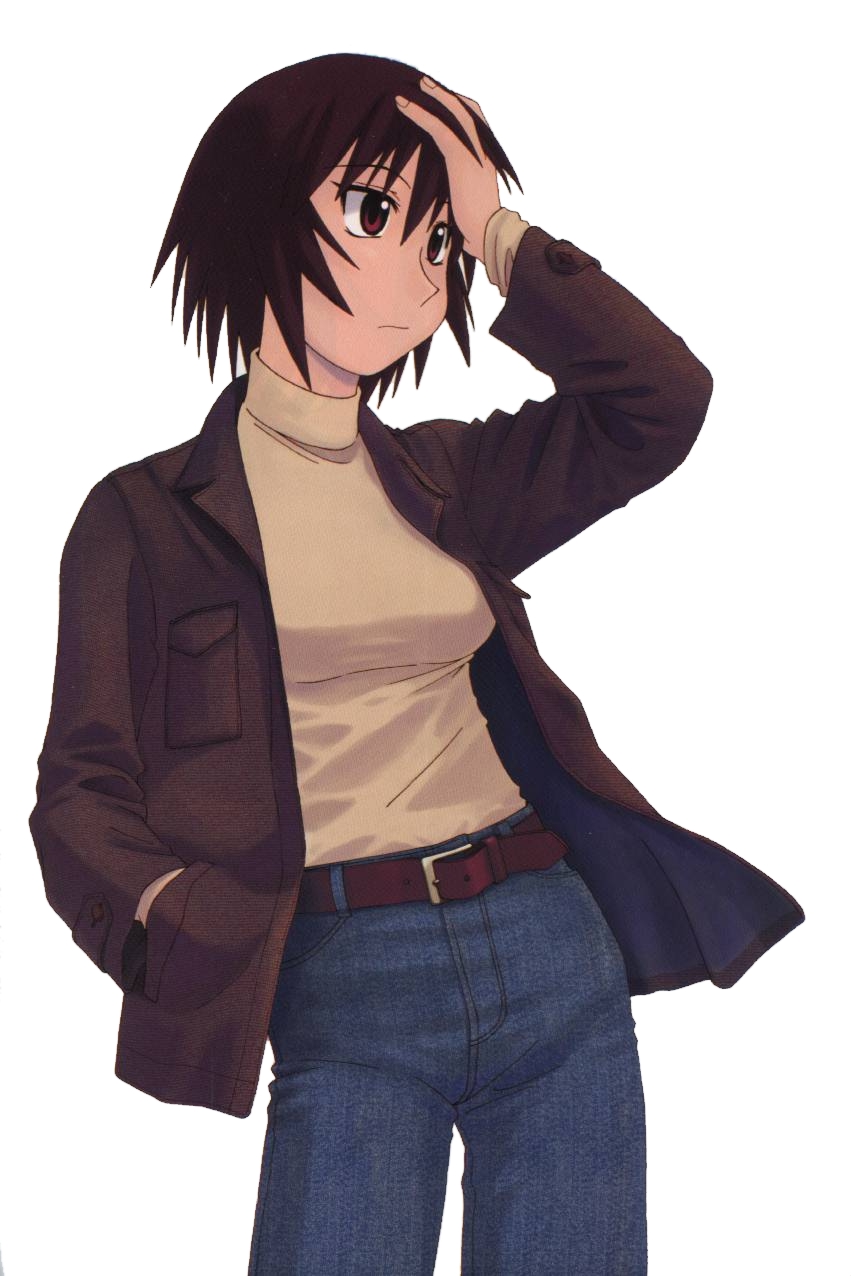 azuma_kiyohiko azumanga_daiou belt breasts brown_eyes brown_hair denim highres jacket jeans kagura_(azumanga_daiou) large_breasts long_sleeves official_art pants short_hair solo turtleneck