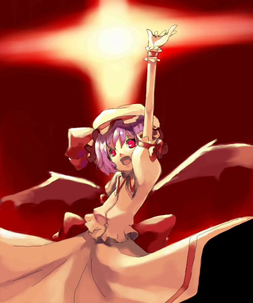 artist_request bat_wings hat hat_ribbon mob_cap open_mouth outstretched_arm outstretched_hand purple_hair red_eyes remilia_scarlet ribbon short_hair solo touhou wings wrist_cuffs