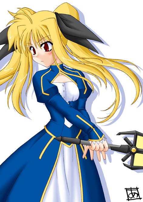 artist_request artoria_pendragon_(all) bardiche blonde_hair bow cosplay fate/stay_night fate_(series) fate_testarossa hair_bow holding holding_sword holding_weapon long_hair long_sleeves lyrical_nanoha mahou_shoujo_lyrical_nanoha parody red_eyes saber saber_(cosplay) shadow solo sword twintails weapon white_background