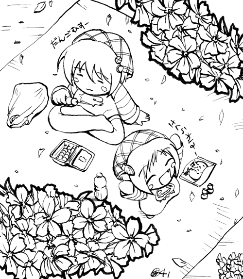 :3 arms_up artist_request blush_stickers cherry_blossoms choia eating flower food futaba_channel greyscale happy long_sleeves monochrome multiple_girls musu petals picnic suigetsu waha yamato_suzuran