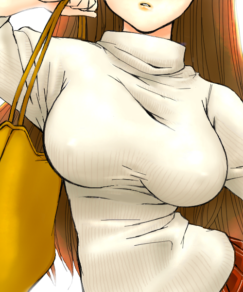 artist_request bag breasts close-up covered_nipples head_out_of_frame kousaka_tamaki large_breasts long_hair long_sleeves no_bra red_hair shoulder_bag solo sweater to_heart_2