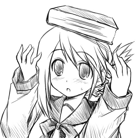 :o artist_request balancing balancing_on_head book book_on_head folded_ponytail greyscale hands_up komaki_manaka long_sleeves looking_at_viewer lowres monochrome object_on_head parted_lips school_uniform simple_background solo sweatdrop to_heart_2 upper_body white_background