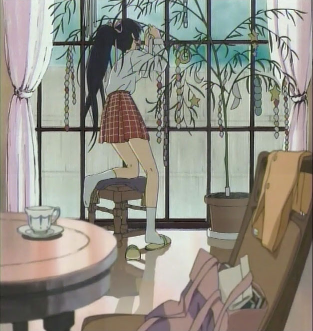 bag black_hair couch cup flower_pot from_behind hair_ribbon haruka_(sister_princess) indoors kneepits plaid plaid_skirt plant ponytail potted_plant red_skirt ribbon saucer school_bag screencap shirt short_sleeves sister_princess skirt slippers socks solo table white_legwear white_shirt