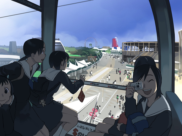 camera copyright_request day ferris_wheel ferris_wheel_interior long_sleeves multiple_girls school_uniform sky takamichi