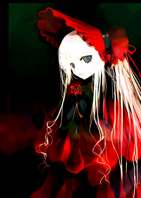 bangs blonde_hair blue_eyes bonnet capelet closed_mouth dress flower frown gothic kei_(keigarou) long_hair looking_at_viewer pale_skin red red_dress red_flower red_rose rose rozen_maiden shinku solo upper_body white_hair