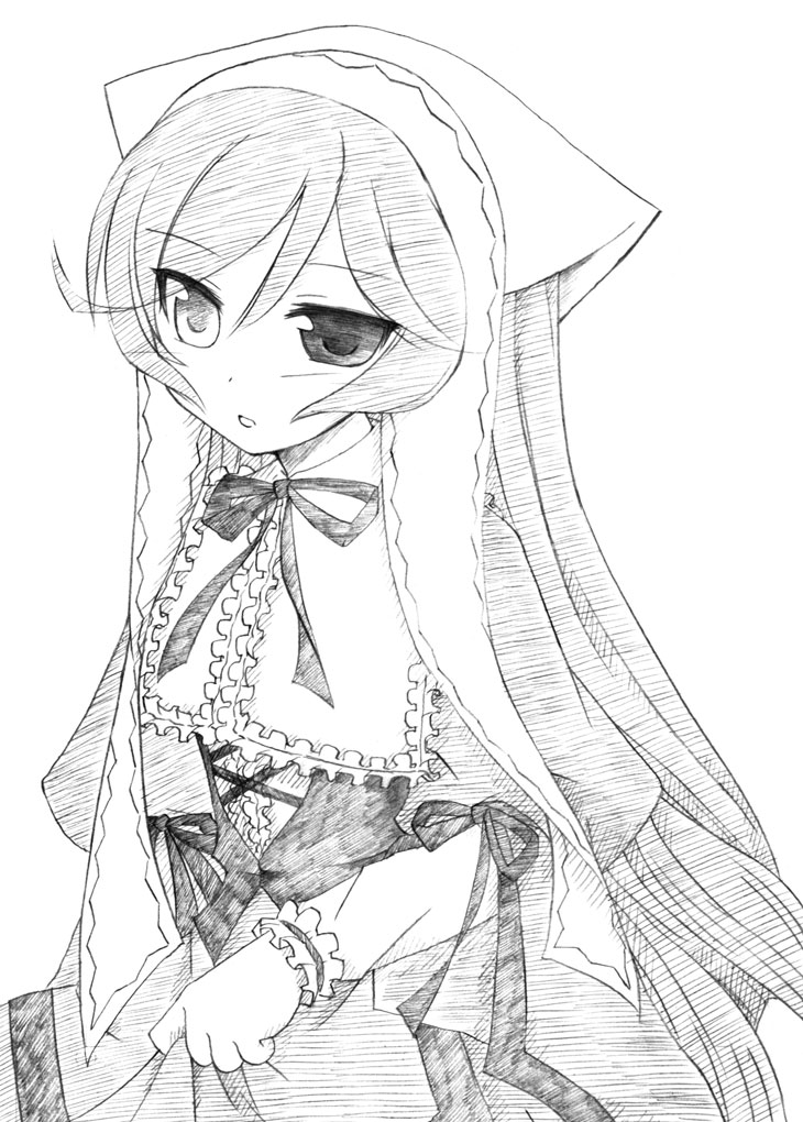 greyscale heterochromia long_hair long_sleeves monochrome rozen_maiden solo suiseiseki takami_ryou very_long_hair