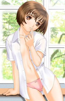 arm_support bow bow_panties brown_eyes brown_hair copyright_request dress_shirt leaning lowres no_bra no_pants open_clothes open_shirt panties pink_panties shirt short_hair solo standing tanaka_takayuki underwear