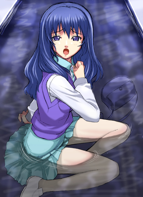 arm_support artist_request bag blue_eyes blue_hair handbag long_hair long_sleeves looking_back menori mujin_wakusei_survive open_mouth shoes sitting skirt solo submerged sweater_vest water wet