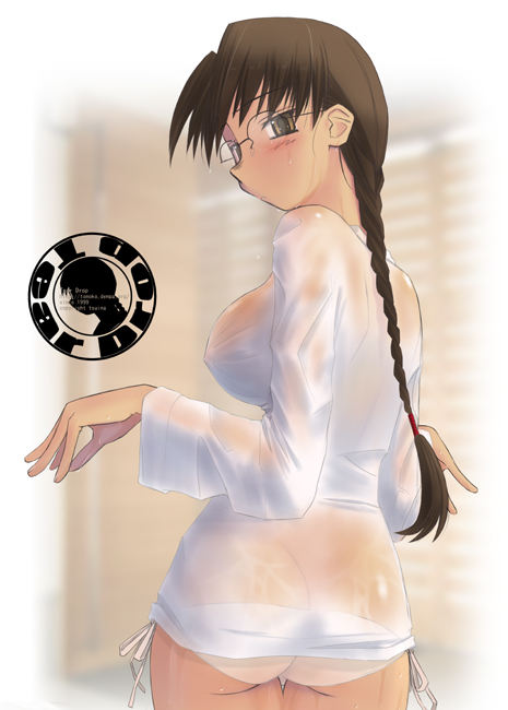 ass blush braid breasts brown_eyes brown_hair from_behind glasses hoshina_tomoko large_breasts long_sleeves looking_back no_bra panties see-through side-tie_panties solo to_heart tsuina underwear wet wet_clothes