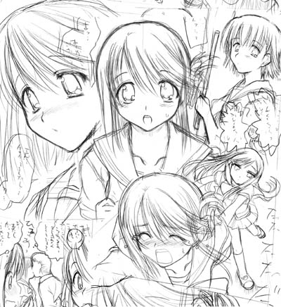 artist_request blush character_request expressions folded_ponytail greyscale kiss komaki_manaka long_hair long_sleeves looking_at_viewer lowres lucy_maria_misora monochrome multiple_girls open_mouth running school_uniform serafuku short_hair sketch tears to_heart_2 tonami_yuma