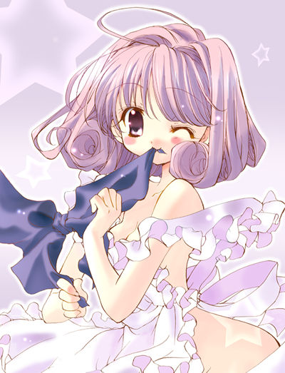 artist_request bangs bare_shoulders blue_bow blush bow dress frilled_dress frills looking_at_viewer mouth_hold one_eye_closed purple_eyes purple_hair shirayuki_(sister_princess) sister_princess solo source_request star white_dress