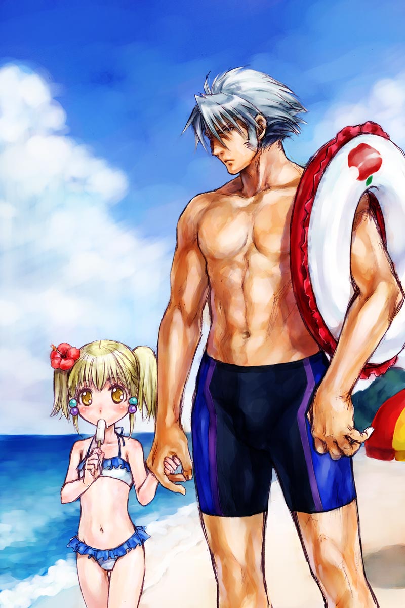 1girl age_difference beach bikini blonde_hair child day eating flower food grey_hair hair_flower hair_ornament height_difference hibiscus highres holding_hands irui_guneden nakamura_kanko outdoors popsicle sanger_zonvolt short_twintails super_robot_wars swimsuit twintails