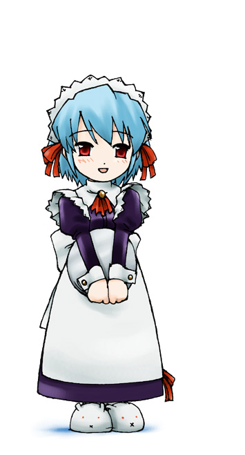 apron artist_request blue_hair blush dress hands_together kotonomiya_yuki long_sleeves looking_at_viewer maid maid_headdress purple_dress red_eyes simple_background solo suigetsu tray v_arms white_background