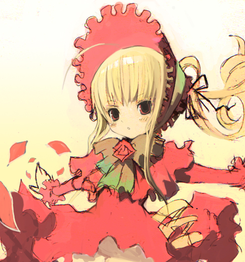 artist_request blonde_hair blush bonnet bow capelet dress lolita_fashion long_hair long_sleeves outstretched_arms red_capelet red_dress red_eyes rozen_maiden shinku solo spread_arms twintails