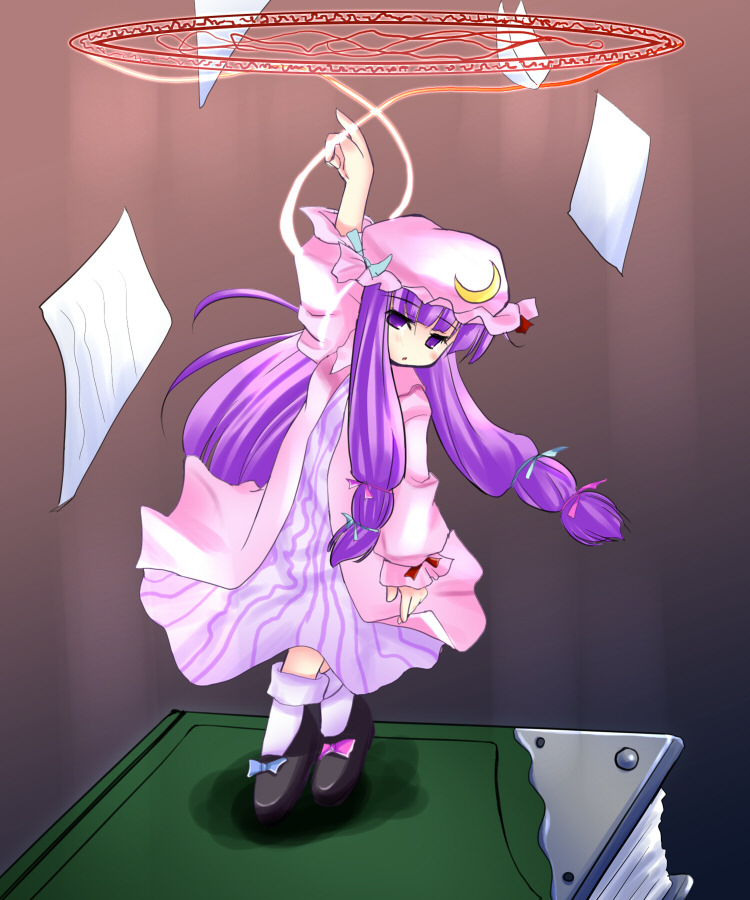 artist_request crescent hat long_hair long_sleeves magic_circle patchouli_knowledge purple_hair solo touhou