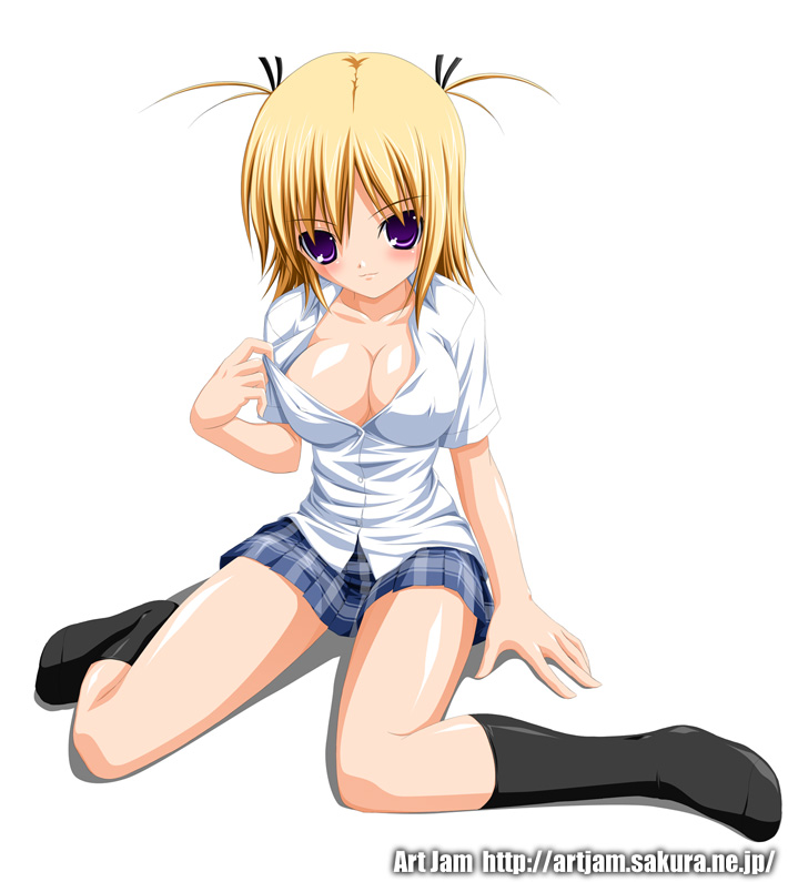 art_jam black_legwear blonde_hair breasts cleavage copyright_request kneehighs large_breasts no_bra plaid plaid_skirt pleated_skirt purple_eyes school_uniform short_hair sitting skirt solo wariza watermark web_address