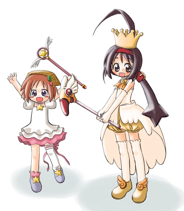 ahoge artist_request asymmetrical_clothes cardcaptor_sakura choia cosplay crown fang futaba_channel fuuin_no_tsue hat holding holding_wand hoshi_no_tsue kinomoto_sakura magical_girl multiple_girls parody single_thighhigh suigetsu thighhighs waha wand yamato_suzuran