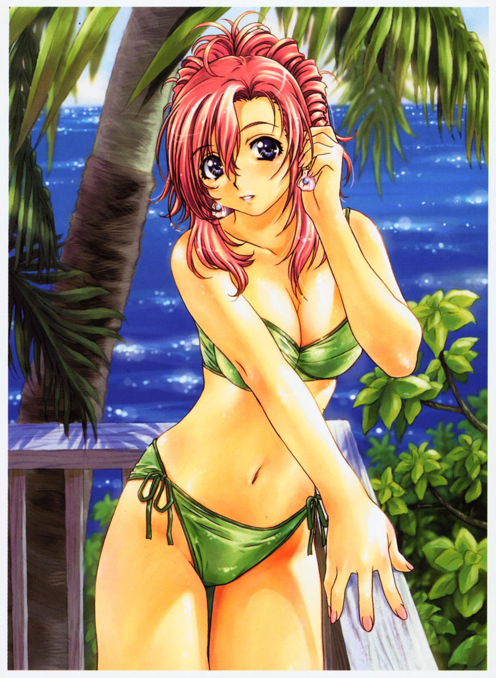 bikini blue_sky breasts cleavage day earrings green_bikini highres horizon jewelry kazami_mizuho large_breasts lips nail_polish navel onegai_teacher palm_tree parted_lips pink_hair pink_nails purple_eyes side-tie_bikini sky solo swimsuit tree uon_taraku water