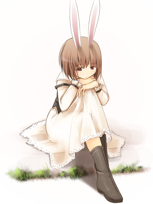 animal_ears boots brown_hair bunny_ears copyright_request dress jirou_(chekoro) long_sleeves red_eyes short_hair sitting solo