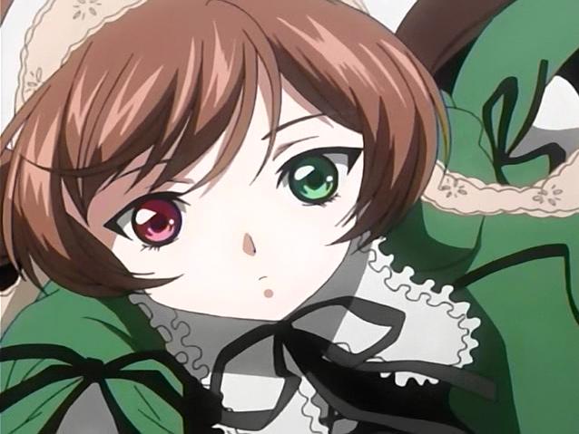 brown_hair closed_mouth dress expressionless face from_above green_dress green_eyes head_scarf heterochromia looking_at_viewer red_eyes ribbon rozen_maiden screencap short_hair solo suiseiseki upper_body