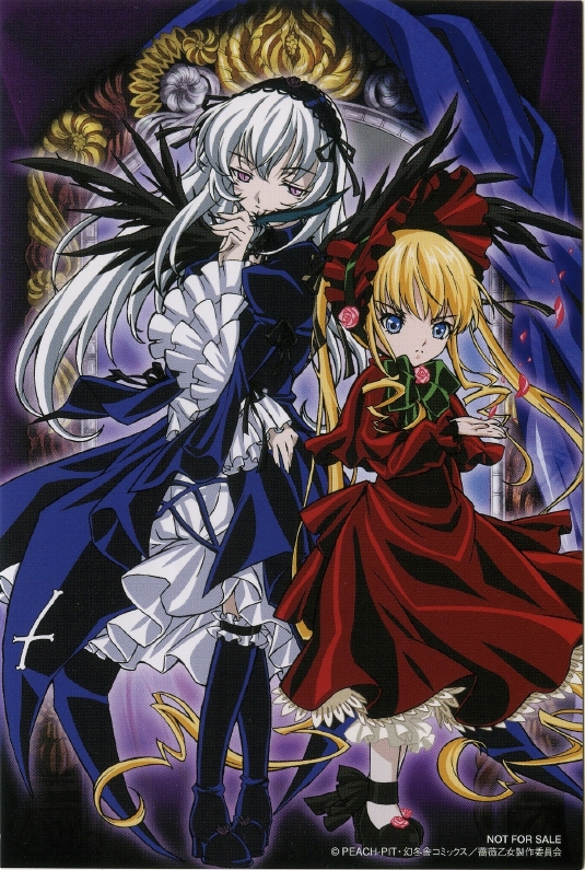 artist_request black_wings blonde_hair blue_eyes dress feathers flower hand_to_own_mouth height_difference long_hair long_sleeves multiple_girls petals red_eyes rose rozen_maiden shinku silver_hair standing suigintou wings