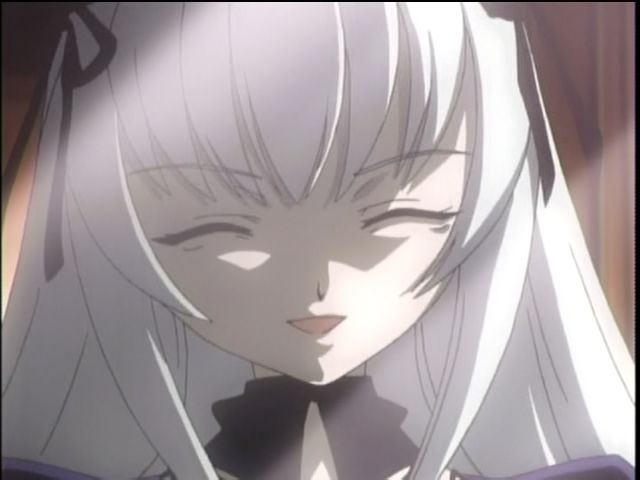 closed_eyes pale_skin rozen_maiden screencap silver_hair smile solo suigintou