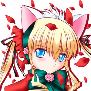 animal_ears artist_request blonde_hair blue_eyes blush bow bowtie cat_ears expressionless face fake_animal_ears flower lowres petals pink_flower pink_rose rose rose_petals rozen_maiden shinku simple_background solo upper_body white_background