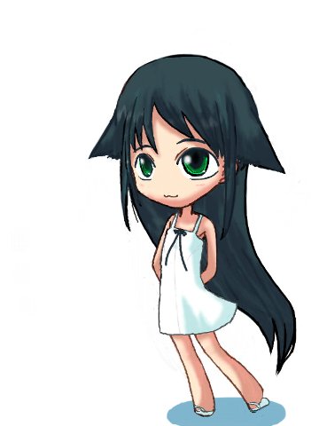 :3 armpits arms_behind_back artist_request bare_arms dress green_eyes green_hair long_hair lowres sandals saya saya_no_uta simple_background sleeveless sleeveless_dress solo very_long_hair white_background white_dress