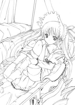 artist_request bow bowtie dress full_body greyscale hat kneehighs long_hair long_sleeves lowres lying monochrome on_back panties panty_pull rozen_maiden shinku sidelocks solo thighs twintails underwear undressing very_long_hair