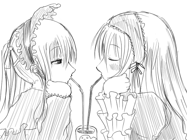 artist_request blush chin_rest closed_eyes drinking drinking_straw greyscale long_hair long_sleeves monochrome multiple_girls profile rozen_maiden shared_drink shinku simple_background suigintou yuri