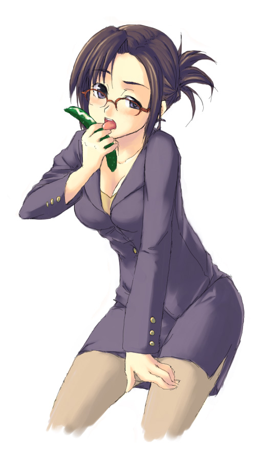 artist_request blue_eyes brown_hair brown_legwear character_request copyright_request cucumber folded_ponytail formal glasses jacket leaning_forward licking long_sleeves miniskirt pantyhose pencil_skirt ponytail red-framed_eyewear short_hair skirt skirt_suit solo source_request suit teacher tongue