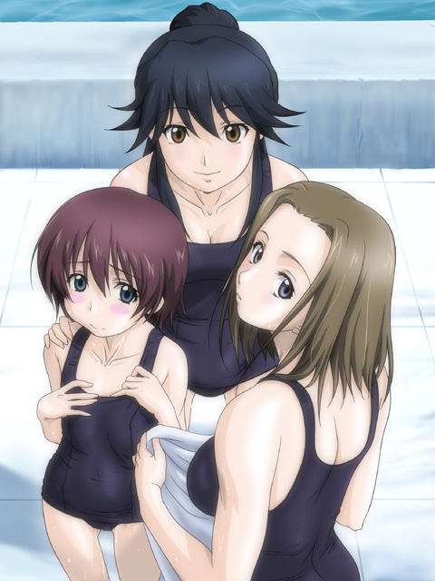 age_difference back bangs black_school_swimsuit blue_eyes blue_hair blush_stickers breast_envy breast_suppress breasts brown_eyes brown_hair child cleavage embarrassed flat_chest from_behind hand_on_shoulder hitotsubashi_yurie kamichu! kotobuki_hajime large_breasts long_hair looking_at_viewer looking_back multiple_girls one-piece_swimsuit outdoors ponytail pool poolside purple_hair saegusa_matsuri school_swimsuit shadow shijou_mitsue short_hair smile standing swimsuit towel upper_body water wet