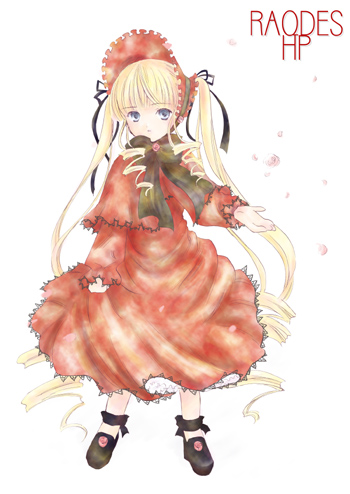artist_request bangs black_footwear blonde_hair blue_eyes blunt_bangs bonnet bow bowtie drill_hair frills full_body long_hair long_sleeves looking_at_viewer lowres no_legwear outstretched_arm rozen_maiden shinku shoes sidelocks simple_background solo standing twin_drills twintails very_long_hair white_background